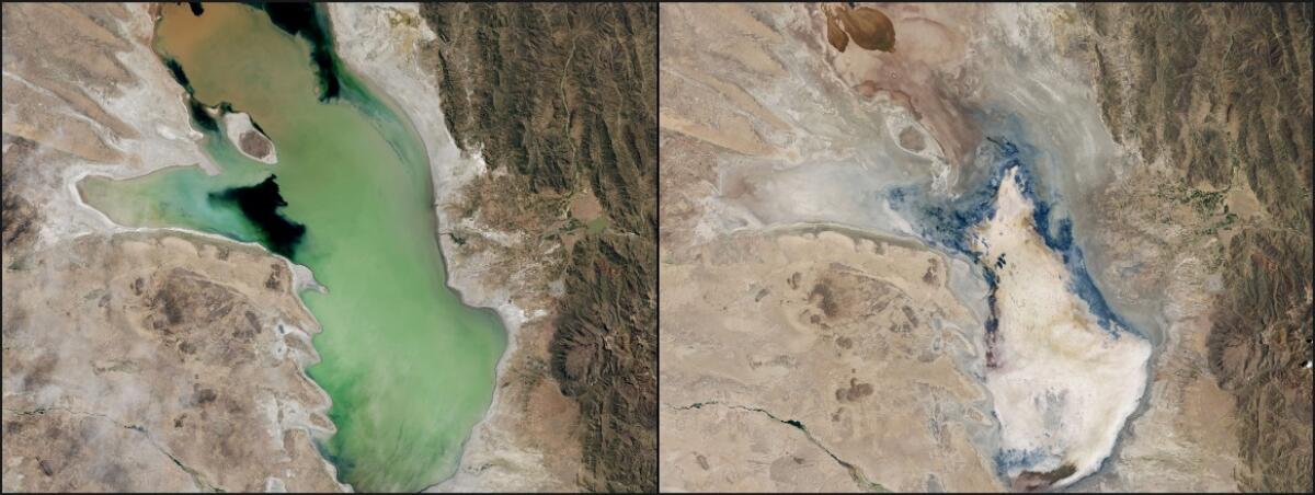 IMAGES of Change: le foto della NASA che fanno riflettere - Il Drying Lake Poopó, in Bolivia (a sinistra nel 2013 a destra nel 2016). Image Credits: NEO/NASA Earth Observatory/ Operational Land Imager onboard Landsat 8