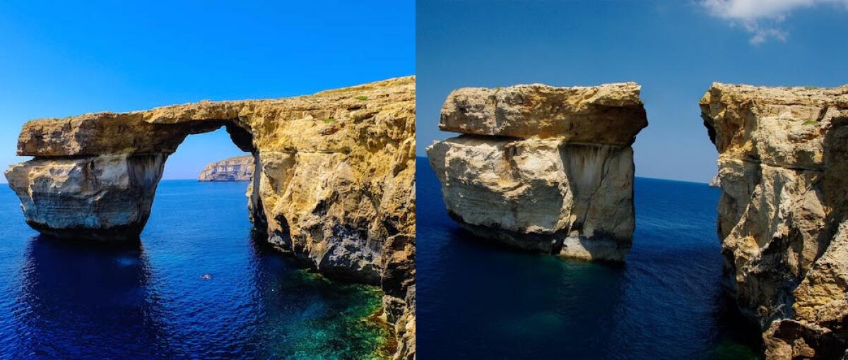 Gozo, collassata "Azure Window" - A sinistra la "Finestra Azzurra", a destra l'ipotesi del crollo, un fotomontaggio dell'utente TeknOtaku postato su kuriositas.com nel lontano 2011. Mai a pensare che quel crollo si sarebbe verificato per davvero. Credits: foto sinistra (http://17721-