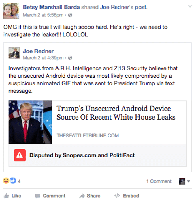 La prima notizia "contestata" su Facebook. Accanto al triangolino rosso compaiono i nomi delle testate che hanno bollato il post come "Fake" (falso). Credits: lastampa.it