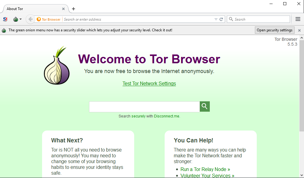 Screenshot della Home Page di Tor Browser. Source: securityinabox.org