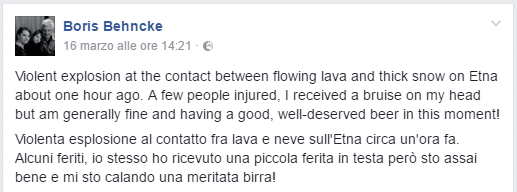 Il commento su Facebook di Boris Behncke, ricercatore dell'INGV coinvolto dall'esplosione. Credits: Facebook.com (post "pubblico")