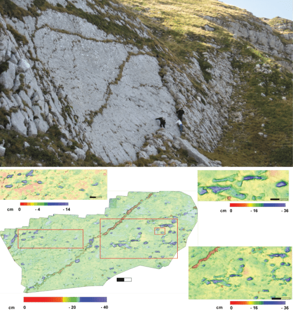 La superficie con orme di teropodi sul versante orientale del Monte Cagno (L’Aquila), e relativi modelli tridimensionali ottenuti dalle foto digitali acquisite in volo. Credits: comunicazione.ingv.it