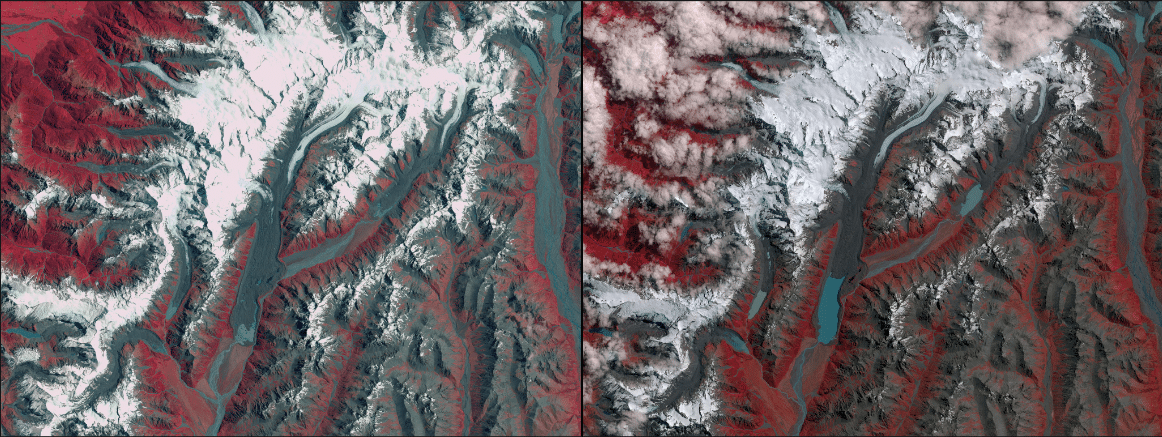 I ghiacciai Mueller, Hooker e Tasman in Nuova Zelanda a sinistra nel 1990 (Image Credits: Landsat 8 satellite/NASA/JPL) a destra nel 2017 (image credits: ASTER/NASA/JPL)
