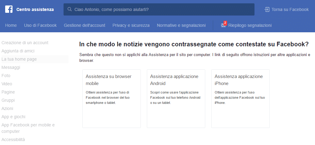 La pagina di assistenza facebook relativa alla contestazione delle notizie false. Credits: facebook.com