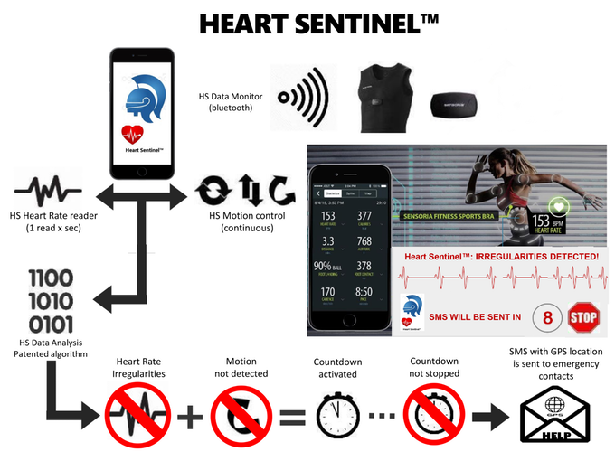 Schema semplificativo del funzionamento di Heart Sentinel Credits: https://www.kickstarter.com/projects/sensoriafitness/sensoria-artificial-intelligence-sportswear/description