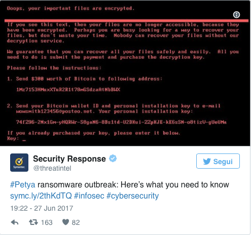 Messaggio di errore prodotto dal virus. Fonte: twitter.com/threatintel