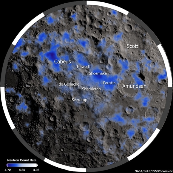 Le zone azzurre indicano i probabili siti in cui vi è presenza di ghiaccio. Credits: NASA/JPL/LRO