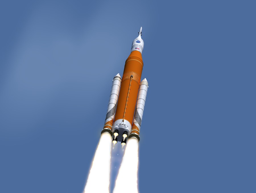 Rappresentazione dell'SLS che porterà nello spazio il CubeSat italiano e la capsula Orion. Credits: NASA/MSFC