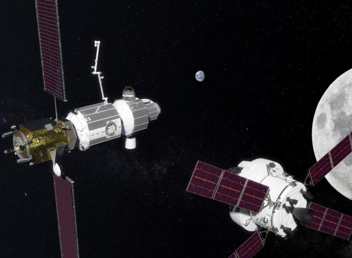 La prima stazione lunare sarà frutto della collaborazione tra Nasa e Roscosmos - Rappresentazione della deep Space Gateway e della capsula Orion. Credits: NASA