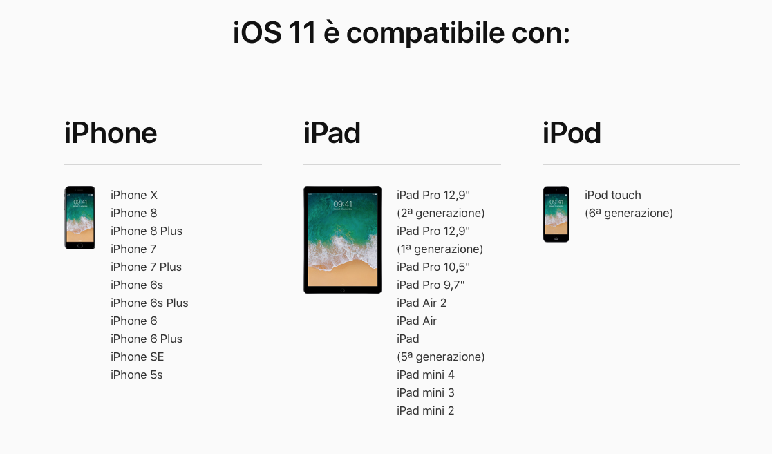 Dispositivi sui quali sarà disponibile iOS 11. credits: www.apple.com/it/