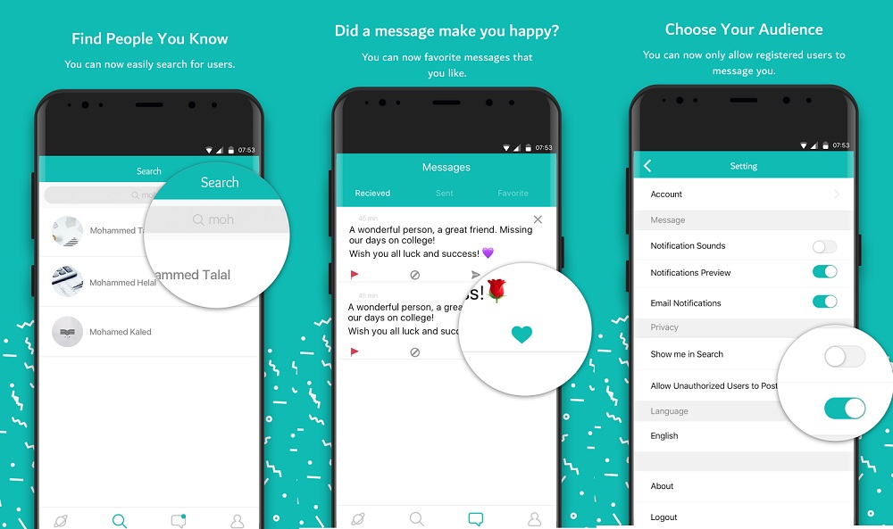 L'app permette di ricercare vecchi messaggi, salvare quelli preferiti e scegliere chi può contattarci.                            Credits: www.sarahahapp.co