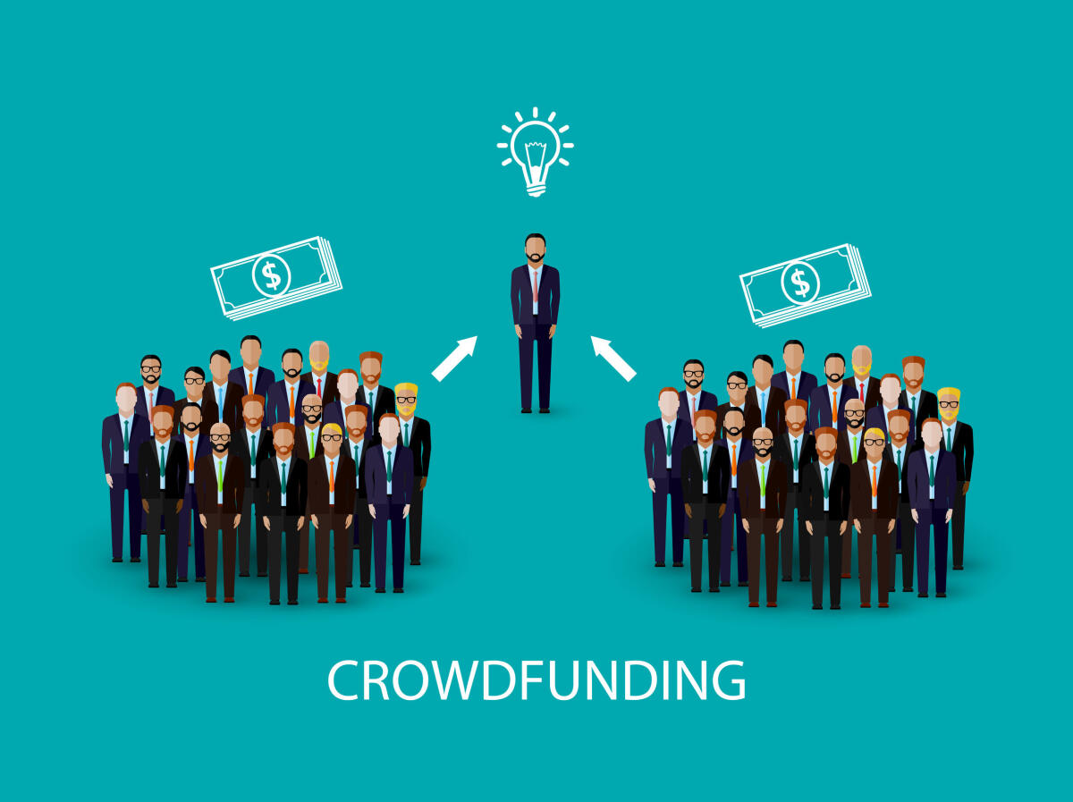 Il crowdsourcing: la nuova frontiera dei rapporti lavorativi - 35344897 - vector flat illustration of an infographic crowdfunding concept. a group of business men wearing suits and ties.