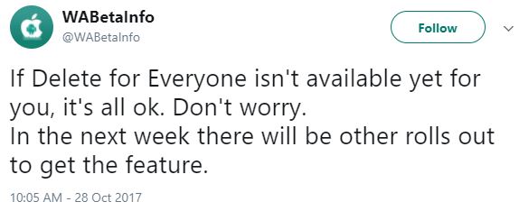 Il tweet di WABetaInfo che rassicura gli utenti sull'arrivo della funzionalità. Credits: twitter.com/WABetaInfo