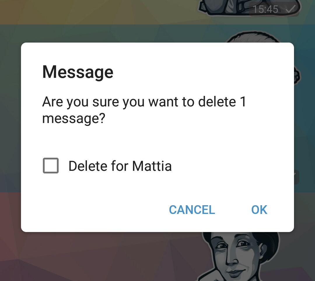Esempio di cancellazione del messaggio su Telegram.