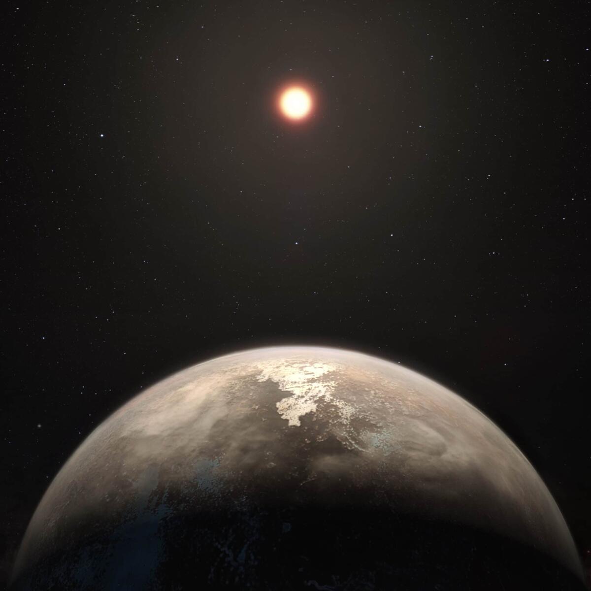 Scoperto il secondo esopianeta "terrestre" più vicino a noi - Rappresentazione artistica di Ross 128 b con la sua stella in lontananza. Credits: www.wikipedia.com
