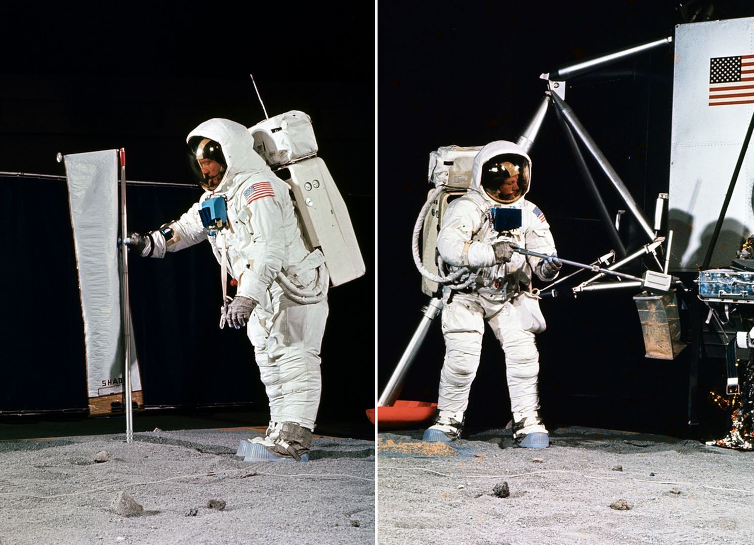 La pubblicazione di foto di questo tipo ha alimentato la fantasia dei complottisti convinti che l'allunaggio dell'Apollo 11 non fosse altro che un set cinematografico. In realtà si tratta di una fase di addestramento degli astronauti. Nella foto Neil Arms