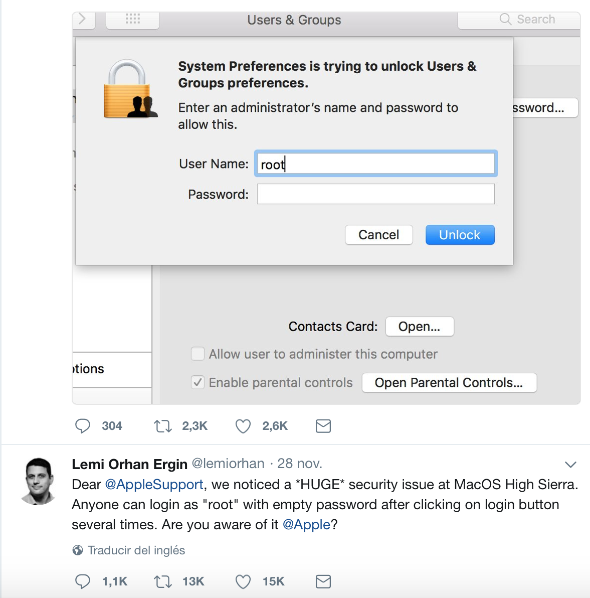 Tweet di Lemi Orhan Ergin diretto ad Apple. Credits: Twitter