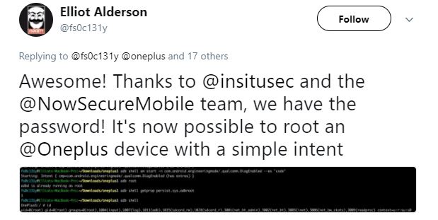 Il tweet dell'hacker che ha trovato la backdoor negli smartphone OnePlus, in cui comunica che ha scoperto la password per sfruttarla. Credits: twitter.com/fs0c131y