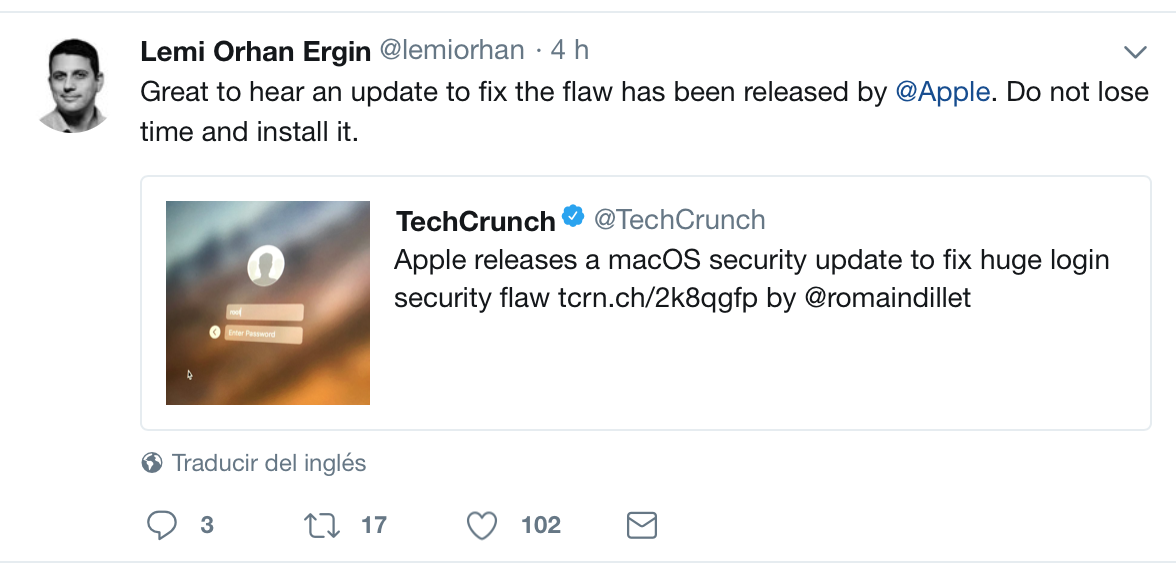 Tweet di Lemi Orhan Ergin in cui annuncia il rilascio dell'aggiornamento di sicurezza da parte di Apple. Credits: Twitter