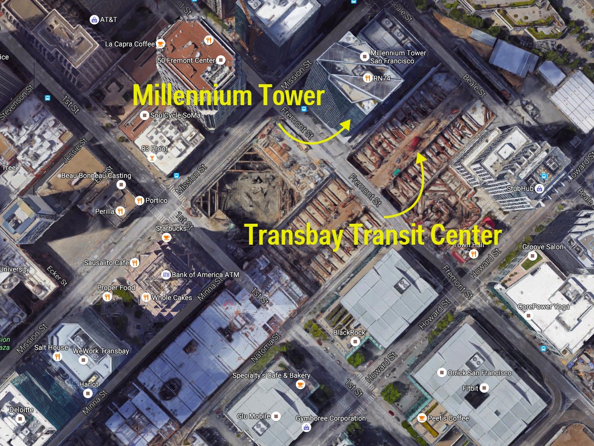 Una vista aerea che mostra la vicinanza della Millennium Tower con il vicino cantiere del Transbay Transit Center. PH: businessinsider.com