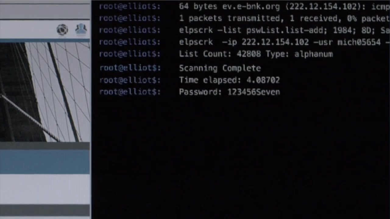 Il tool elpscrk in azione, usato da Elliot per scoprire le password più banali. Credits: codenstein