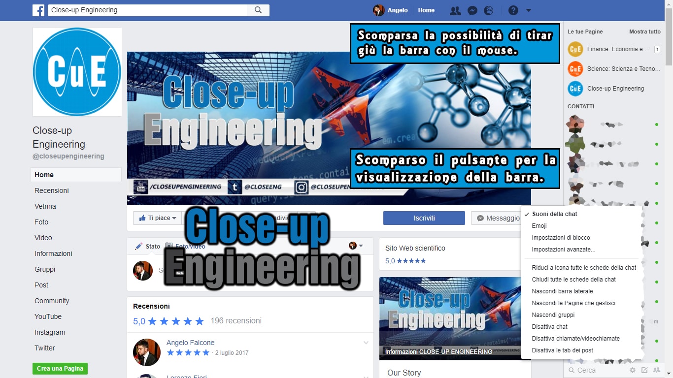 Screenshot di Facebook sulla pagina "Close-up Engineering" che mette in evidenza la novità sui Feed. Credits: Angelo Falcone | Close-up Engineering.
