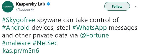Il tweet di Kaspersky Lab sul malware Skygofree.
