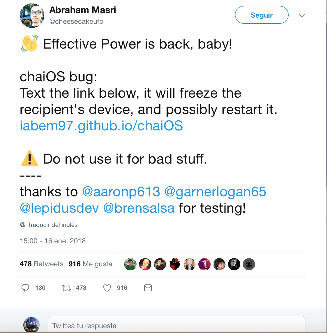 Twitt di Abraham Masri dove annuncia la scoperta del bug