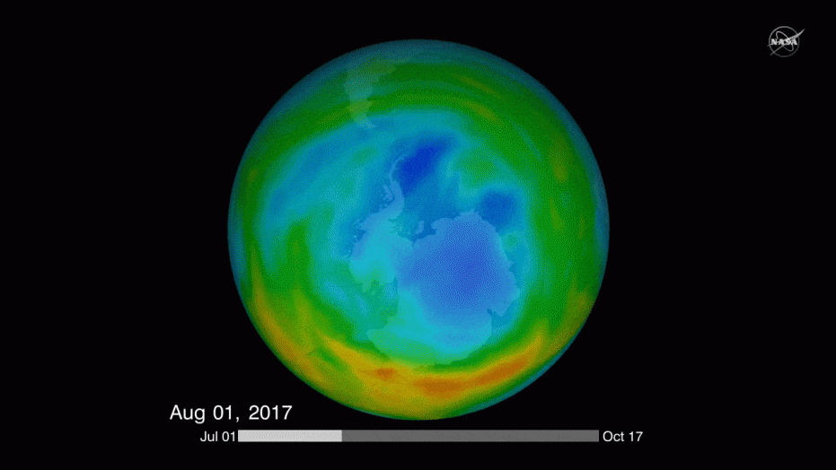 La dimensione del buco dell'ozono registrata nel settembre 2017, la più piccola dal 1988, con un'estensione di 19,6 milioni di chilometri quadrati. Crediti: NASA/Aura