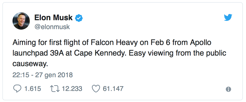 Annuncio della data del primo volo di test del Falcon Heavy. Credits: Elon Musk on Twitter