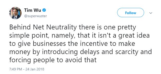 Un tweet di Tim Wu contro l'abolizione della net neutrality.