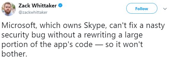 Il tweet di Zac Whittaker, uno degli autori dell'area security del famoso magazine ZDNet.