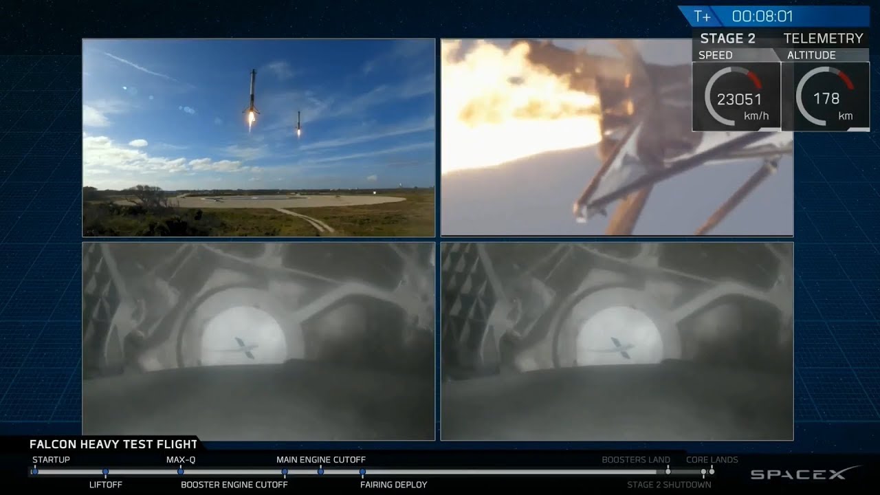 Rientro dei due booster del Falcon Heavy. credits: SpaceX's Live.
