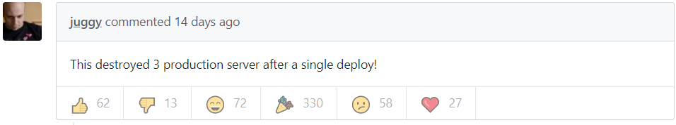 Il commento di un utente sull'issue aperto su Github. Il bug di NPM ha causato il clean del'intero server di produzione.