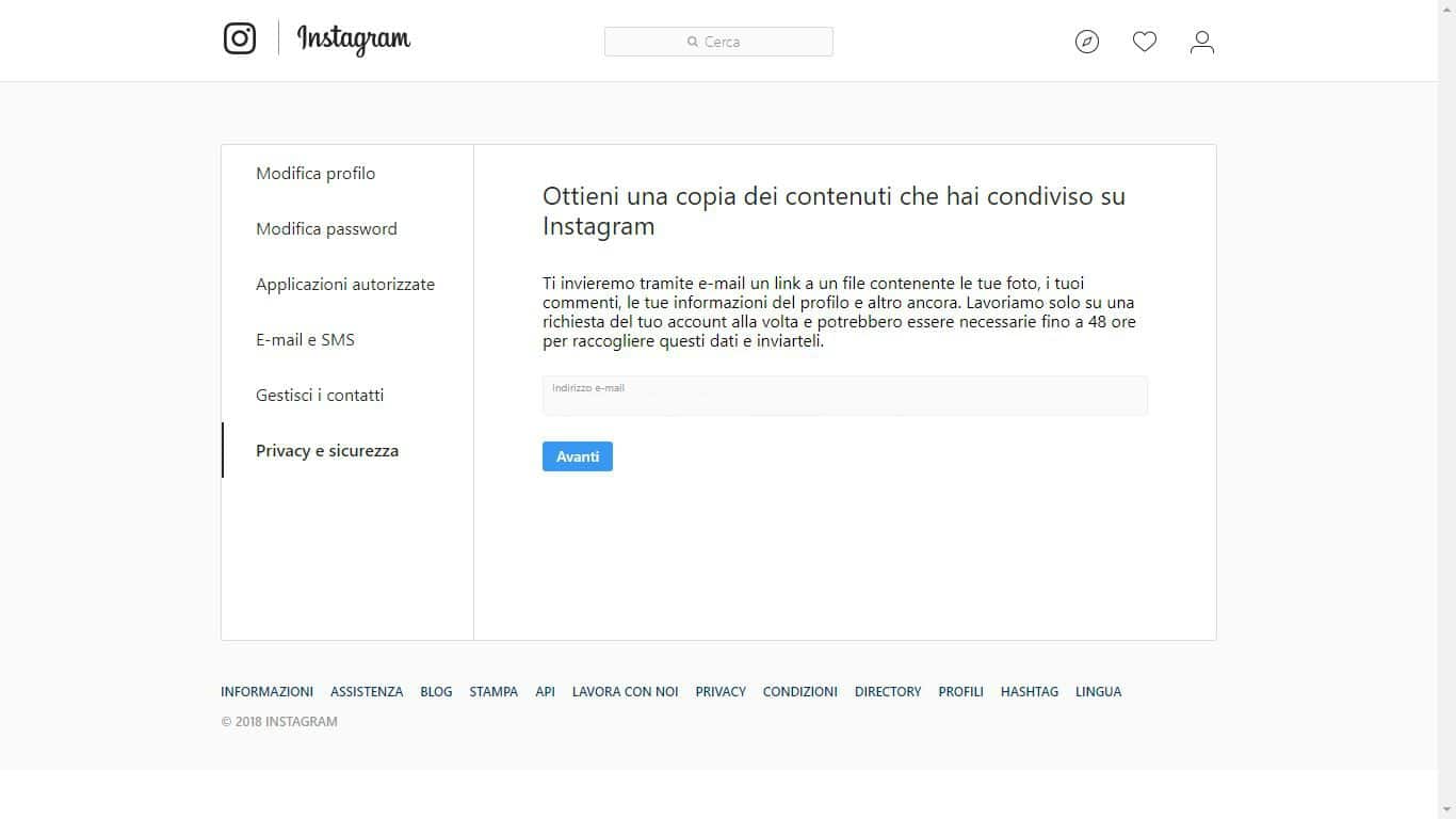 Screenshot della pagina in cui è possibile effettuare il download dei dati su Instagram. Credits: Close-up Engineering