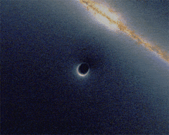 Simulazione di una lente gravitazionale: la luce emessa da una galassia sullo sfondo viene distortaquando un buco si frappone in primo piano. Credits: www.wikipedia.it