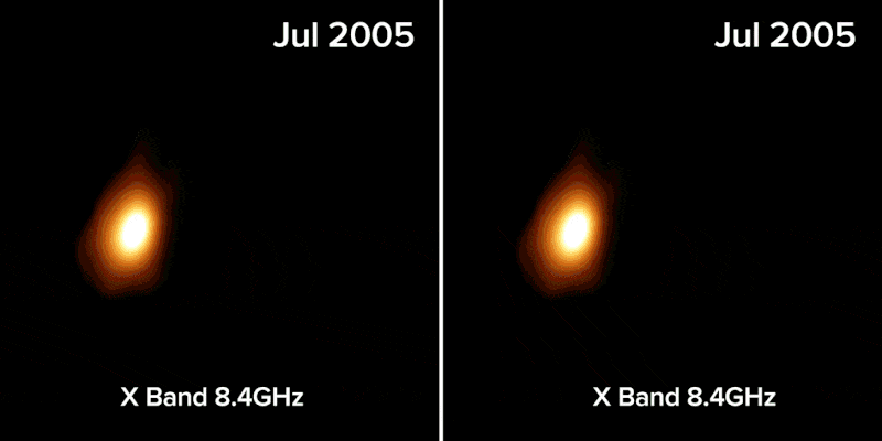 Gif animata che mostra in lunghezze d’onda radio il Tde nell’oggetto Arp299B (= Arp299B-AT1) dal 2005 nel corso di oltre 10 anni.Crediti: Bill Saxton,Nrao/Aui/Nsf. Fonte: Inaf