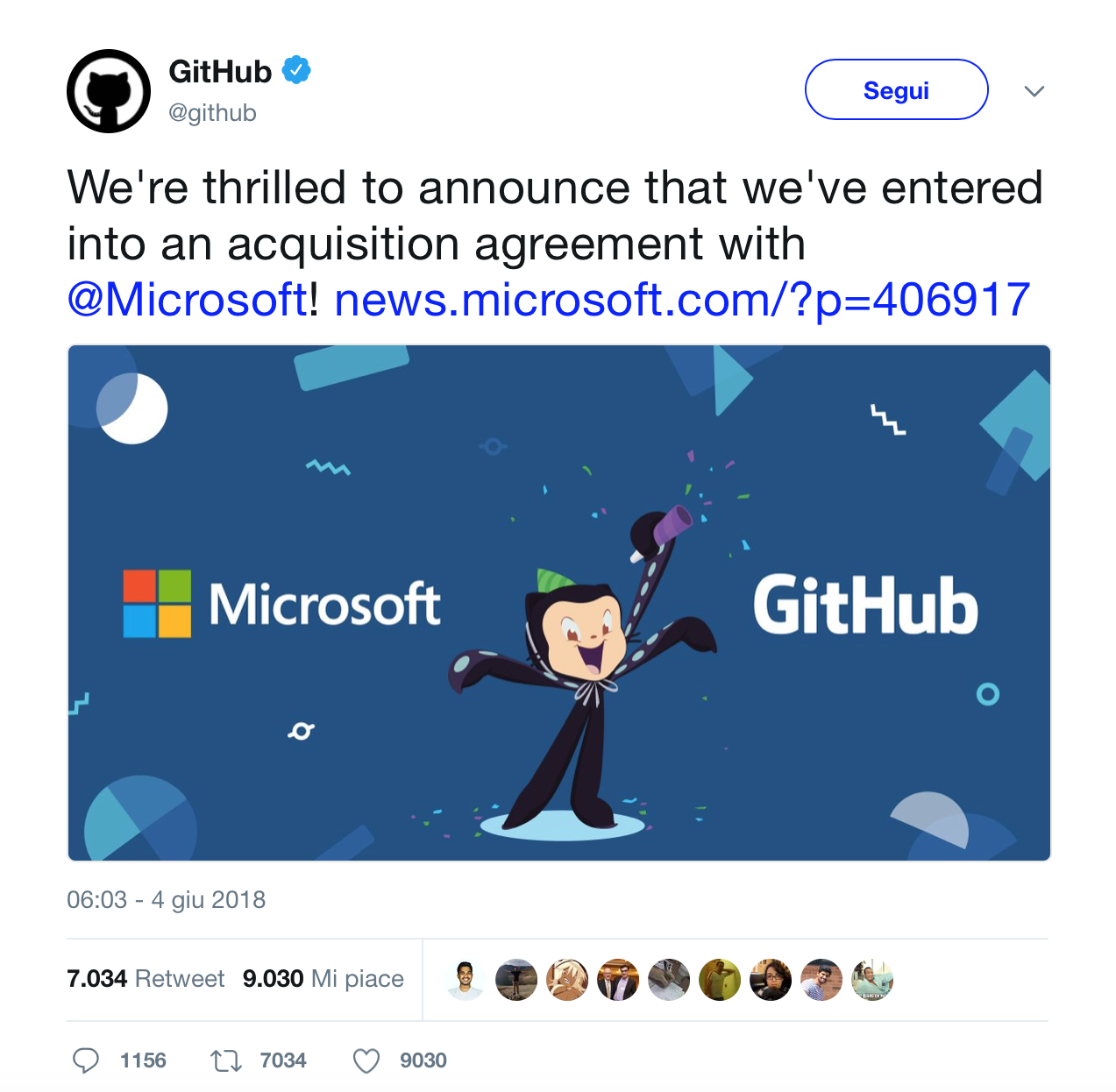 Annuncio via Twitter della chiusura dell'operazione Microsoft-GitHub. Credits: GitHub on Twitter