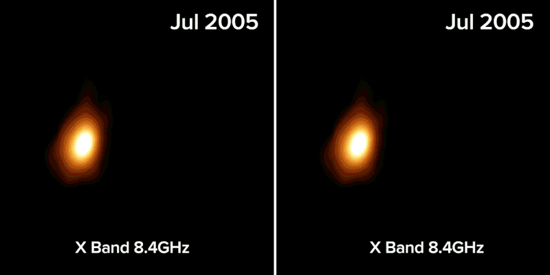 Gif animata che mostra in lunghezze d’onda radio il Tde nell’oggetto Arp299B (= Arp299B-AT1) dal 2005 nel corso di oltre 10 anni. Crediti: Bill Saxton,Nrao/Aui/Nsf. Fonte: Inaf