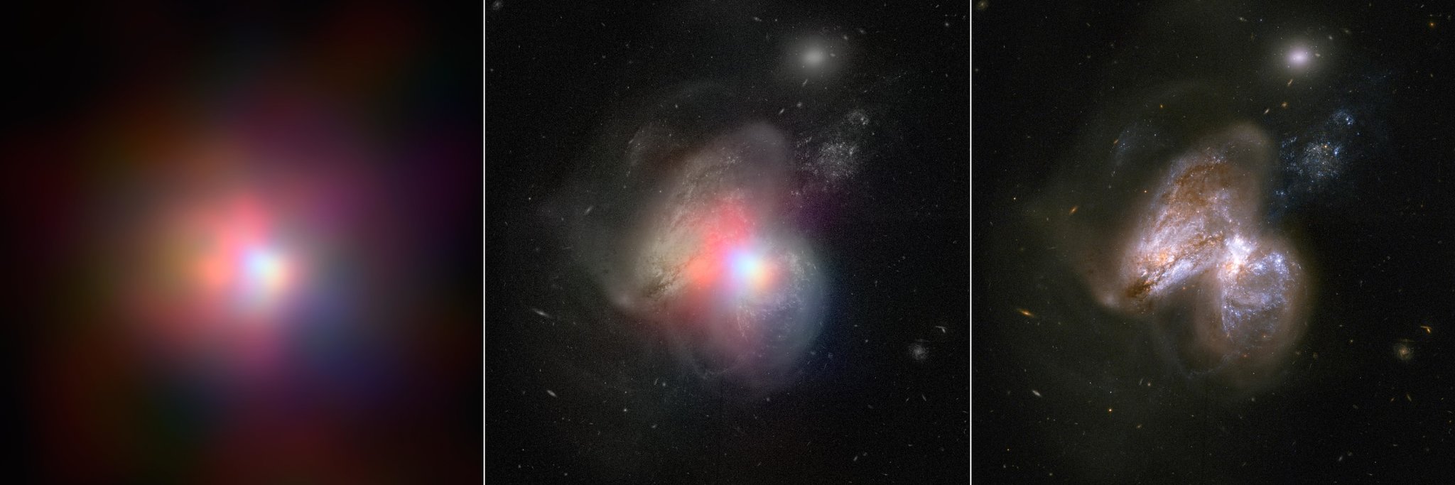 Tre viste di Arp 299. A sinistra, immagine a raggi X ad alta energia. A destra, immagine a luce visibile fatta dal telescopio spaziale Hubble. L'immagine centrale è un composto delle due. Credits: NASA, JPL-Caltech, GSFC