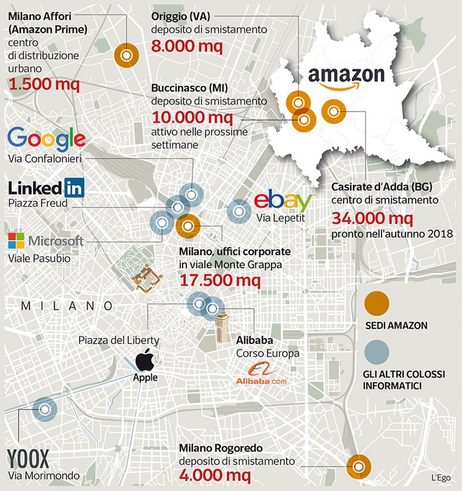 Mappa di Milano che mostra le sedi dei maggiori colossi tecnologici. Fonte: HDblog
