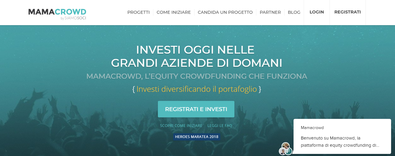 Homepage della piattaforma mamacrowd