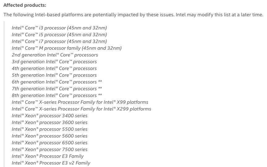 Screen Dal Sito Intel.Elenco dei prodotti colpiti da Foreshadow e Foreshadow-NG.Credits: www.intel.com