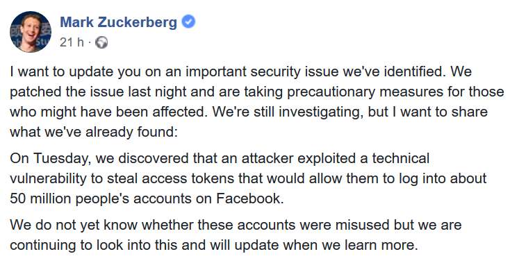 Mark Zuckerberg informa gli utenti di quanto accaduto tramite un post sul proprio profilo.