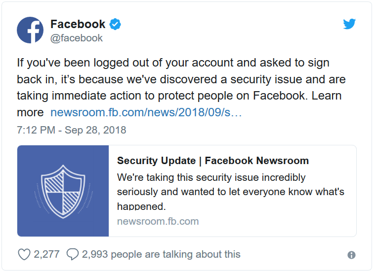 La comunicazione su Twitter da parte di Facebook riguardo alla sospensione degli account utente.