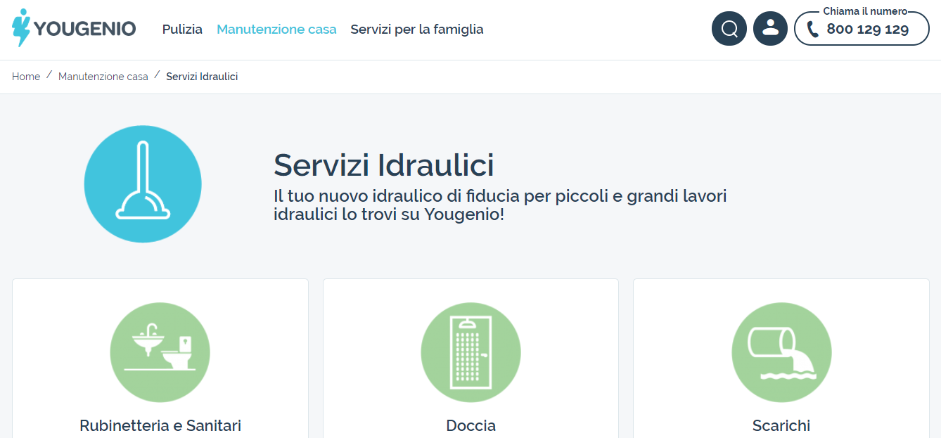Schermata del sito Yougenio, sezione Servizi Idraulici