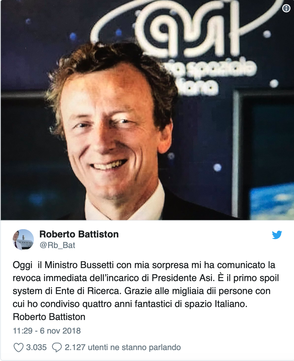 Tweet dell'ex-presidente dell'ASI