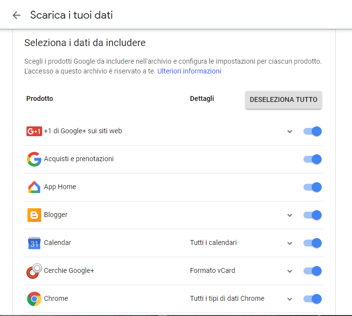 Pagina di esportazione archivi. Credits: google.com